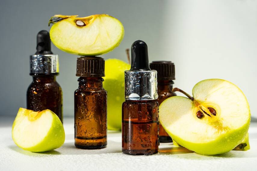 Bottle of pure apple oil with apples — BeautyFusion