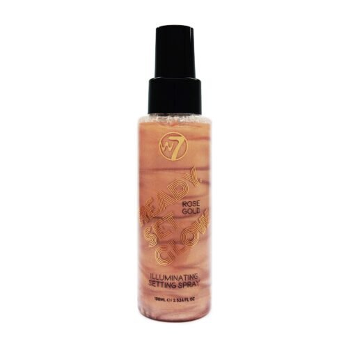 W7 Ready Set Glow Makeup Fixing Spray Rose Gold bottle for long lasting glowing makeup finish.