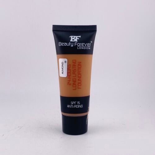 Beauty Forever London Almond SPF 15 Anti-Aging Foundation smooth almond-toned foundation in tube.