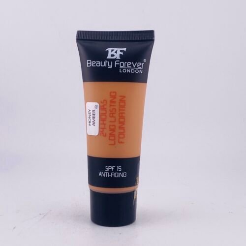 Beauty Forever London Honey Amber SPF 15 Anti-Aging Foundation smooth honey amber-toned foundation in tube.