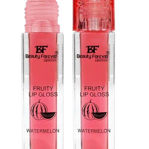 Beauty Forever LONDON Fruity Lip Gloss in Watermelon shade showing glossy, vibrant lips