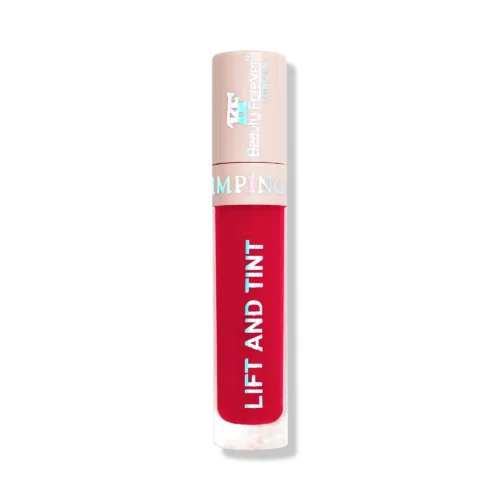 Beauty Forever LONDON Plumping Lip Gloss Lift & Tint tube with glossy, tinted lips showing plumping effect