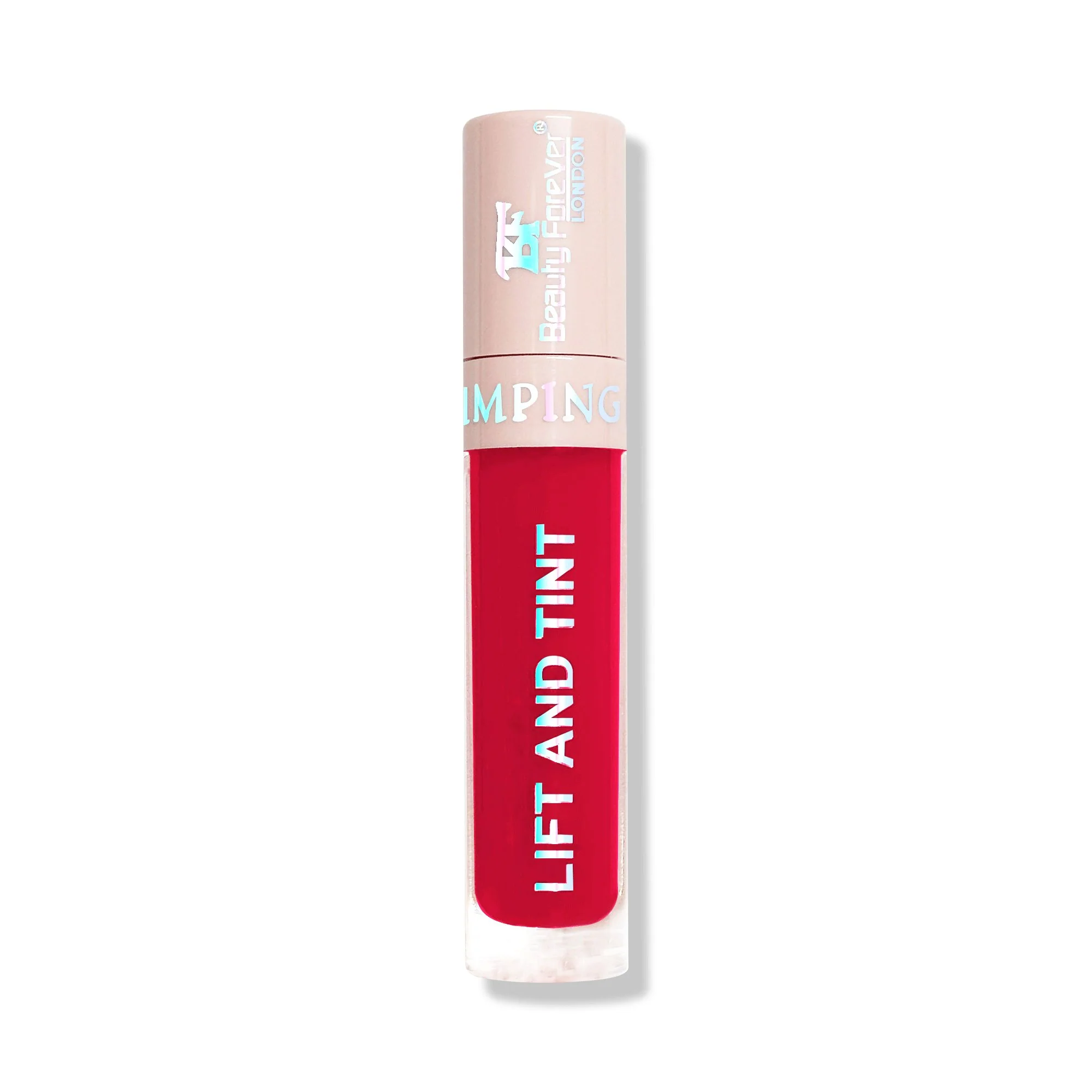 Beauty Forever LONDON Plumping Lip Gloss Lift & Tint tube with glossy, tinted lips showing plumping effect